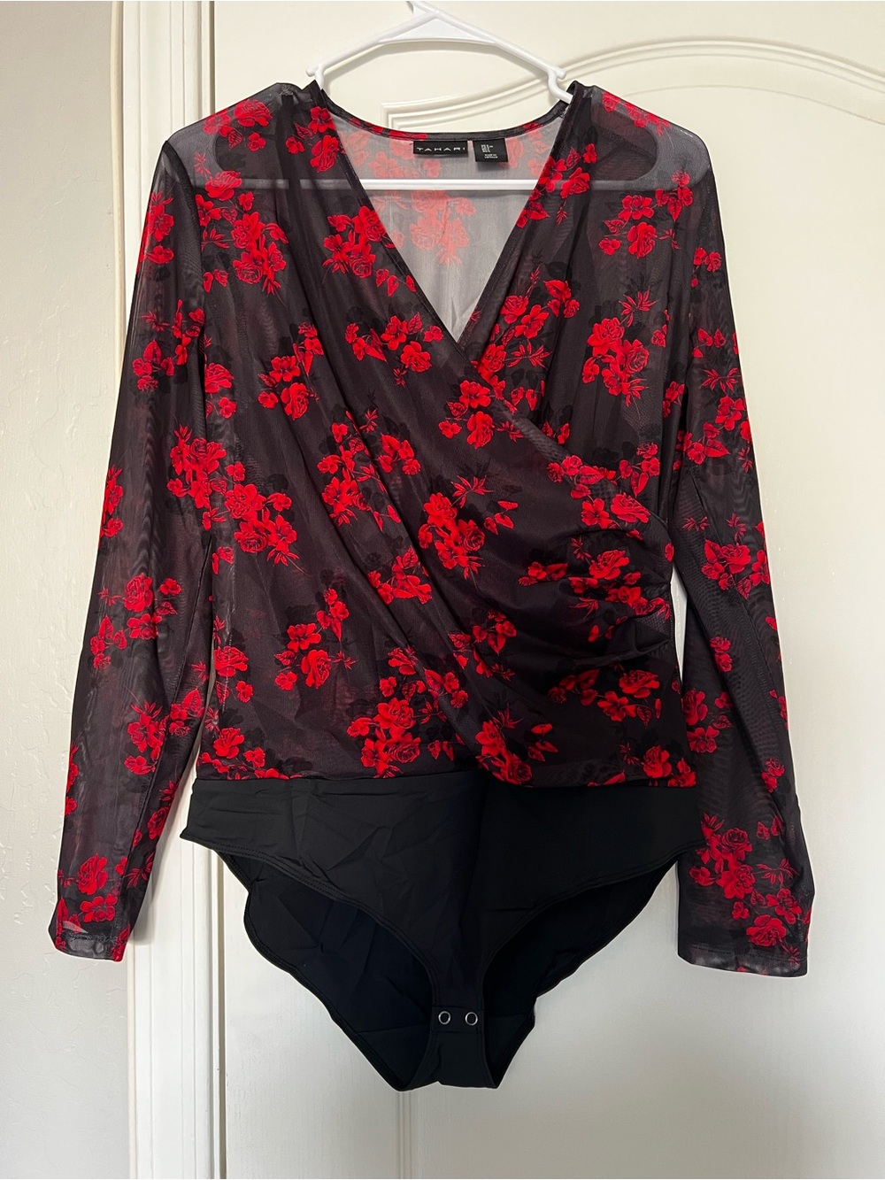 Tahari Black Sheer Wrap Bodysuit with Red Floral Print